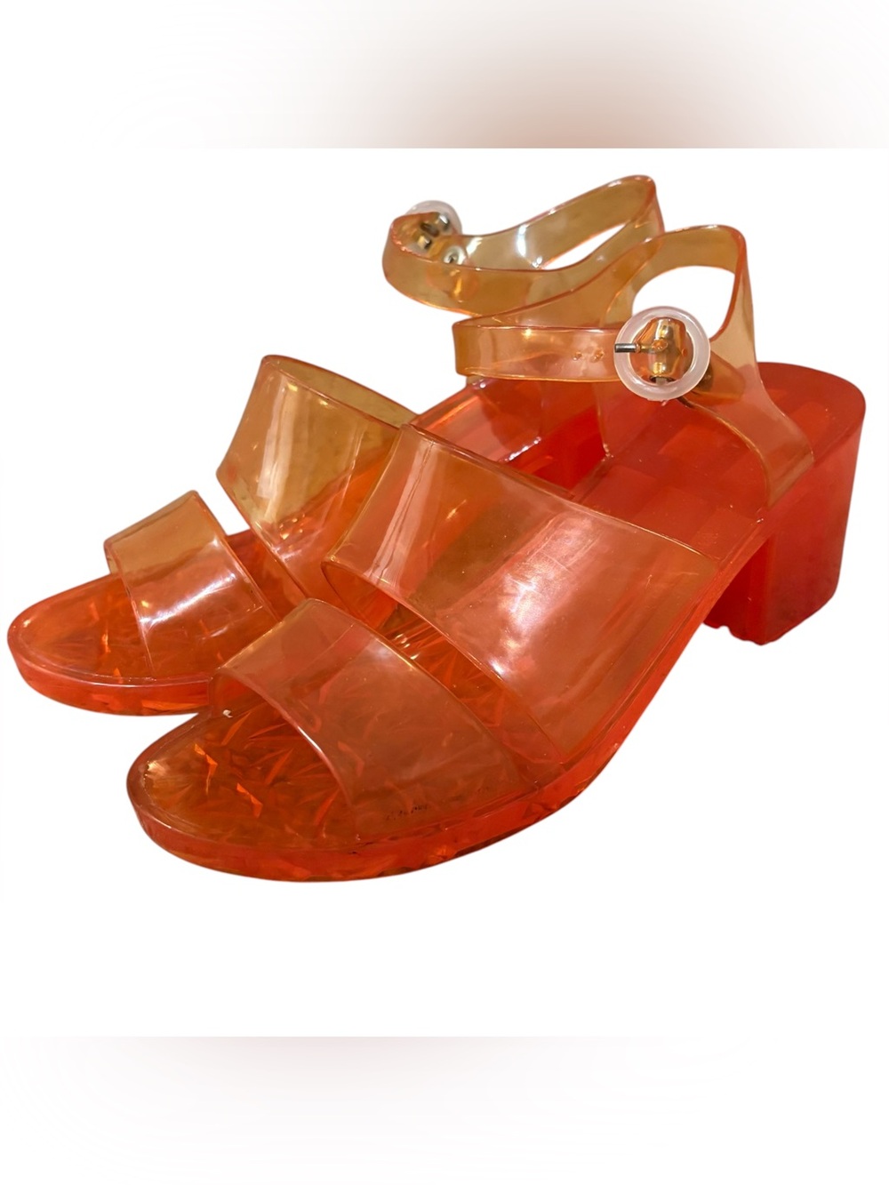 American Apparel Amber Orange Classic Jelly Clear Block Heel Sandal Strap Sz 6 - Picture 2 of 10